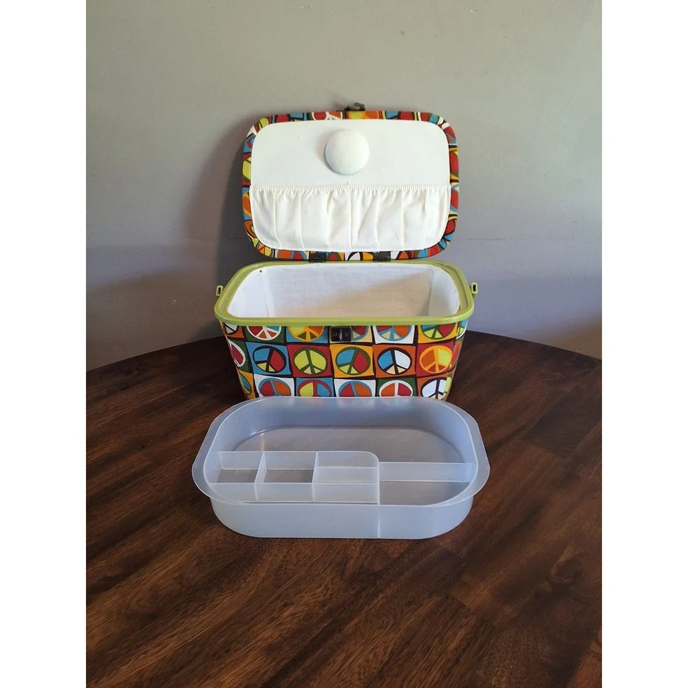 Vintage Style Peace Sign Sewing Basket Organizer Box with Removable Tray Multi